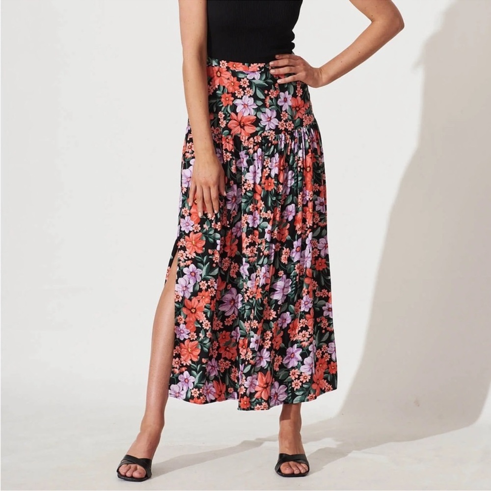 NWT Abel the Label Anthropologie Black & Multi Flower Floral Flowy Maxi Skirt S